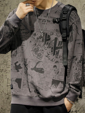 Pulover cu imprimeu de desene animate japoneze pentru bărbați, lejer, mărime plus, toamnă și iarnă, căptușit cu fleece, la modă, de brand, cu guler rotund, pulover cu glugă și mânecă lungă