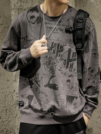 Мъжки пуловер с японски карикатурен щампа, широк, голям размер, есенен и зимен, с полар, модерен пуловер с кръгло деколте и качулка, дълъг ръкав