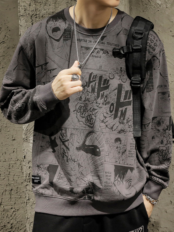 Pulover cu imprimeu de desene animate japoneze pentru bărbați, lejer, mărime plus, toamnă și iarnă, căptușit cu fleece, la modă, de brand, cu guler rotund, pulover cu glugă și mânecă lungă