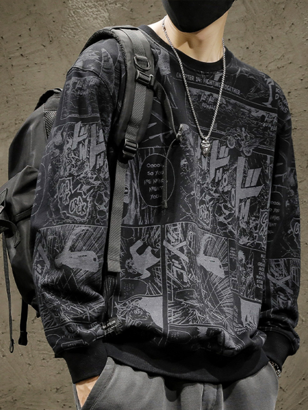 Pulover cu imprimeu de desene animate japoneze pentru bărbați, lejer, mărime plus, toamnă și iarnă, căptușit cu fleece, la modă, de brand, cu guler rotund, pulover cu glugă și mânecă lungă