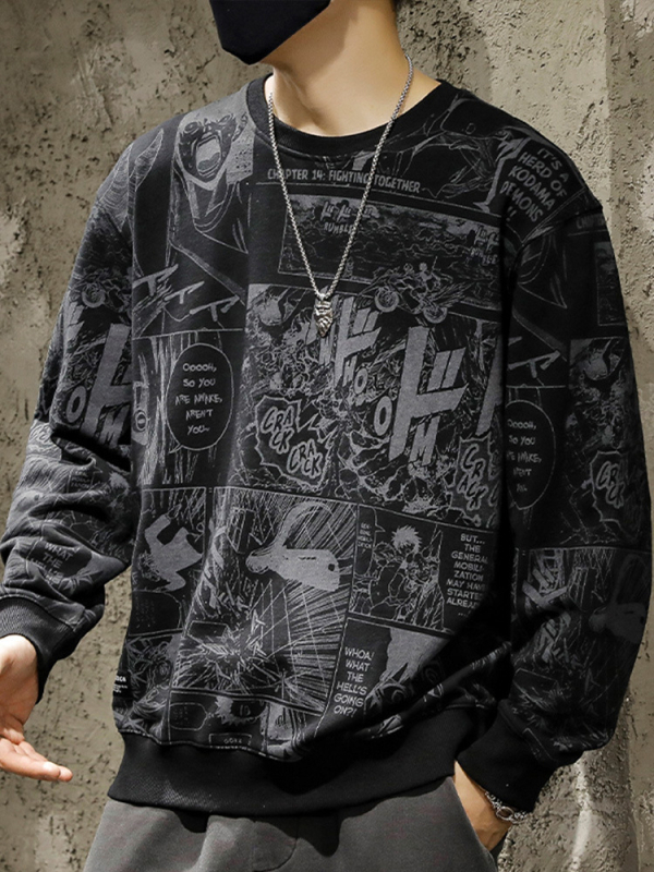 Pulover cu imprimeu de desene animate japoneze pentru bărbați, lejer, mărime plus, toamnă și iarnă, căptușit cu fleece, la modă, de brand, cu guler rotund, pulover cu glugă și mânecă lungă
