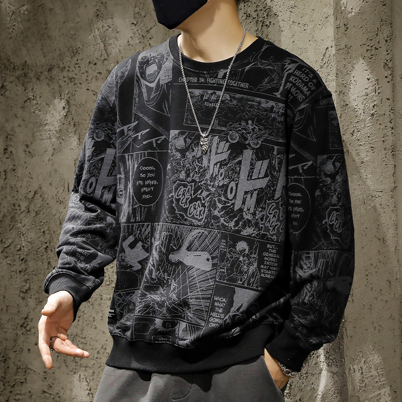 Pulover cu imprimeu de desene animate japoneze pentru bărbați, lejer, mărime plus, toamnă și iarnă, căptușit cu fleece, la modă, de brand, cu guler rotund, pulover cu glugă și mânecă lungă