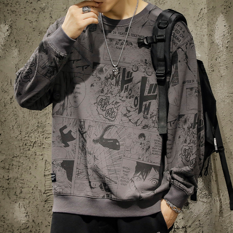 Pulover cu imprimeu de desene animate japoneze pentru bărbați, lejer, mărime plus, toamnă și iarnă, căptușit cu fleece, la modă, de brand, cu guler rotund, pulover cu glugă și mânecă lungă