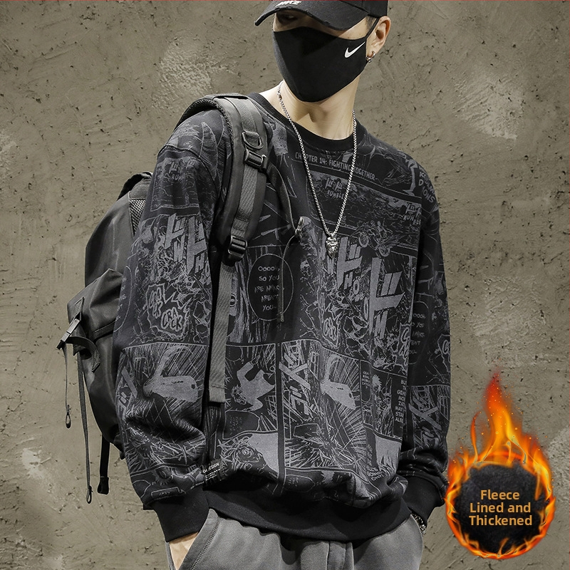 Pulover cu imprimeu de desene animate japoneze pentru bărbați, lejer, mărime plus, toamnă și iarnă, căptușit cu fleece, la modă, de brand, cu guler rotund, pulover cu glugă și mânecă lungă