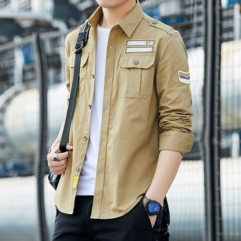 Vyriški marškinėliai ilgomis rankovėmis, korėjietiški, ploni, laisvalaikio, karinio stiliaus, marškiniai su dviem kišenėmis, grynos medvilnės karinė uniforma