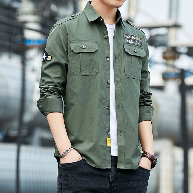 Bărbați cămașă cu mânecă lungă, stil coreean, stil militar, slim fit, casual, cu buzunare duble, bumbac pur, cămașă militară uniformă