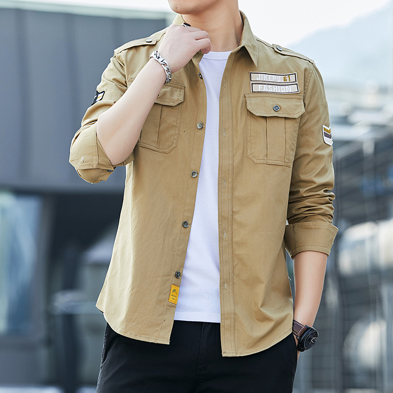 Vyriški marškinėliai ilgomis rankovėmis, korėjietiški, ploni, laisvalaikio, karinio stiliaus, marškiniai su dviem kišenėmis, grynos medvilnės karinė uniforma