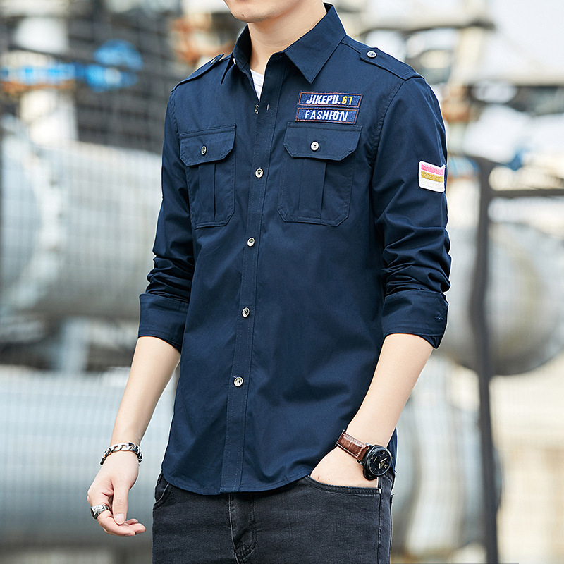 Vyriški marškinėliai ilgomis rankovėmis, korėjietiški, ploni, laisvalaikio, karinio stiliaus, marškiniai su dviem kišenėmis, grynos medvilnės karinė uniforma