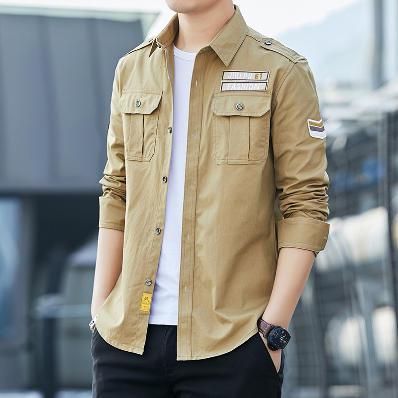 Vyriški marškinėliai ilgomis rankovėmis, korėjietiški, ploni, laisvalaikio, karinio stiliaus, marškiniai su dviem kišenėmis, grynos medvilnės karinė uniforma