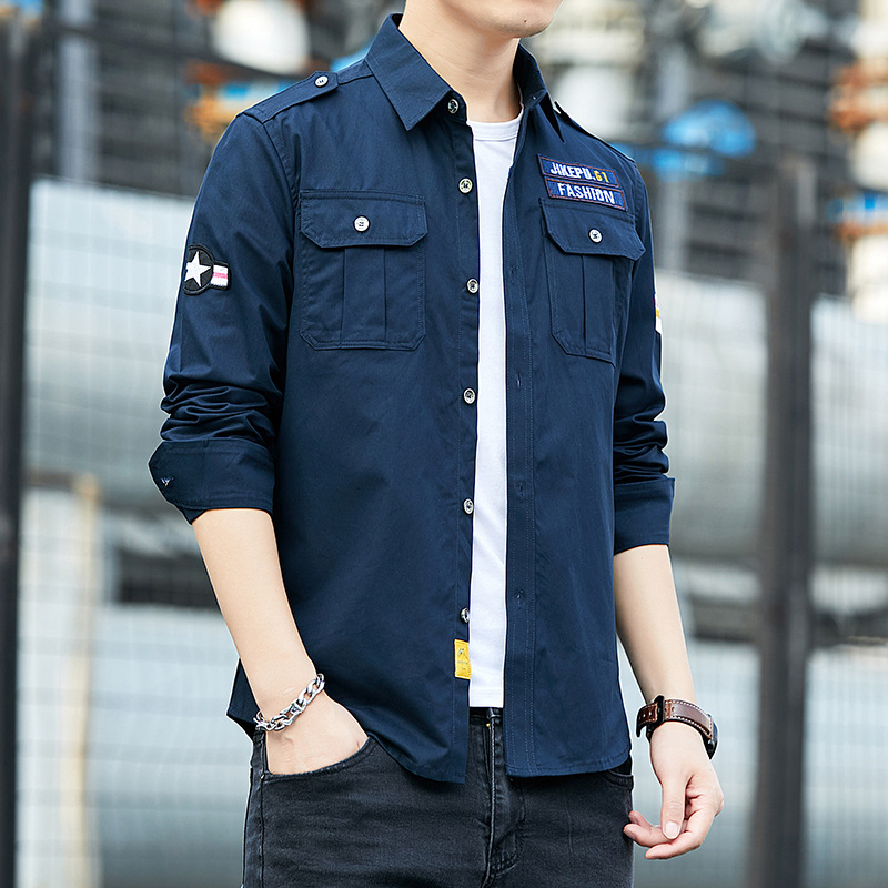 Vyriški marškinėliai ilgomis rankovėmis, korėjietiški, ploni, laisvalaikio, karinio stiliaus, marškiniai su dviem kišenėmis, grynos medvilnės karinė uniforma