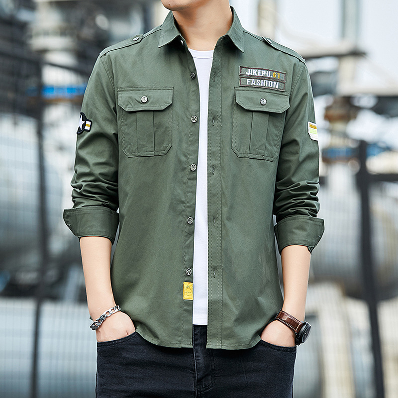 Vyriški marškinėliai ilgomis rankovėmis, korėjietiški, ploni, laisvalaikio, karinio stiliaus, marškiniai su dviem kišenėmis, grynos medvilnės karinė uniforma