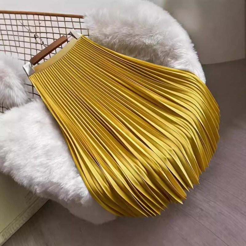 Φούστα από Ευρωπαϊκό και Αμερικανικό Φούστα για το Εξωτερικό, Πέρλες, Σατέν, Πλισέ, Φωτεινή, Ψηλόμεση, Αδύνατη, Μεσαίου Μήκους, Μεγάλη, Κούνια, Φούστα