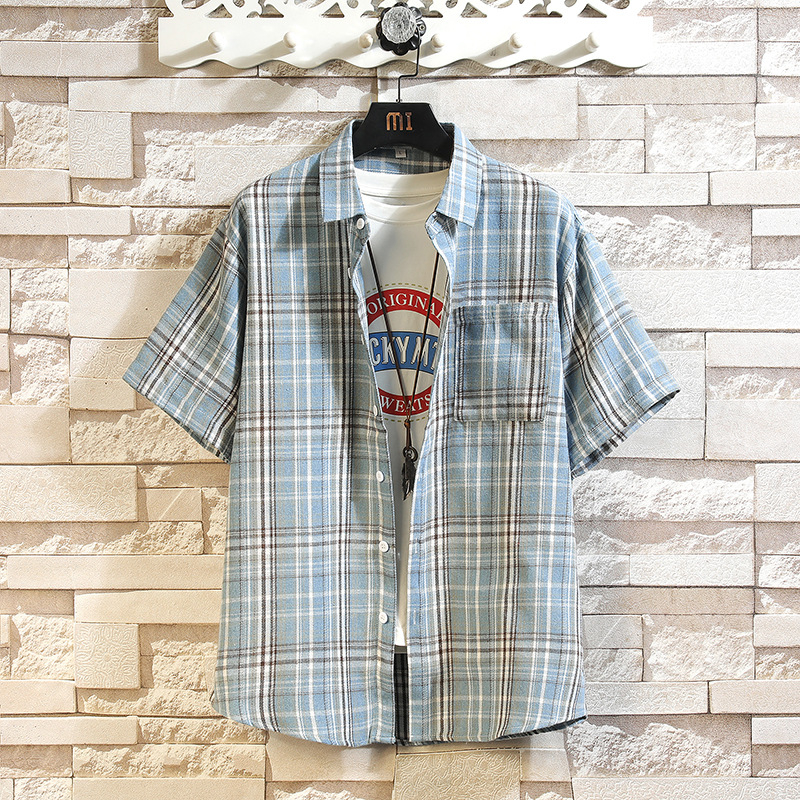 Cămașă cu mânecă scurtă pentru bărbați, vară 2025, comerț exterior nou, jachetă în carouri pentru bărbați, la modă, cu rever lejer, casual