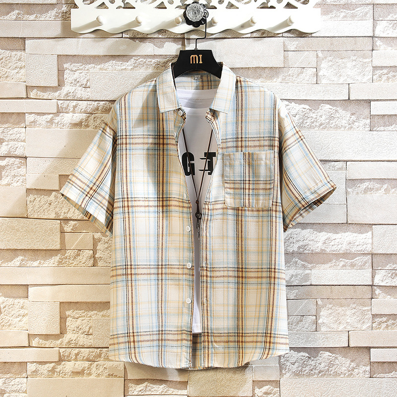 Cămașă cu mânecă scurtă pentru bărbați, vară 2025, comerț exterior nou, jachetă în carouri pentru bărbați, la modă, cu rever lejer, casual