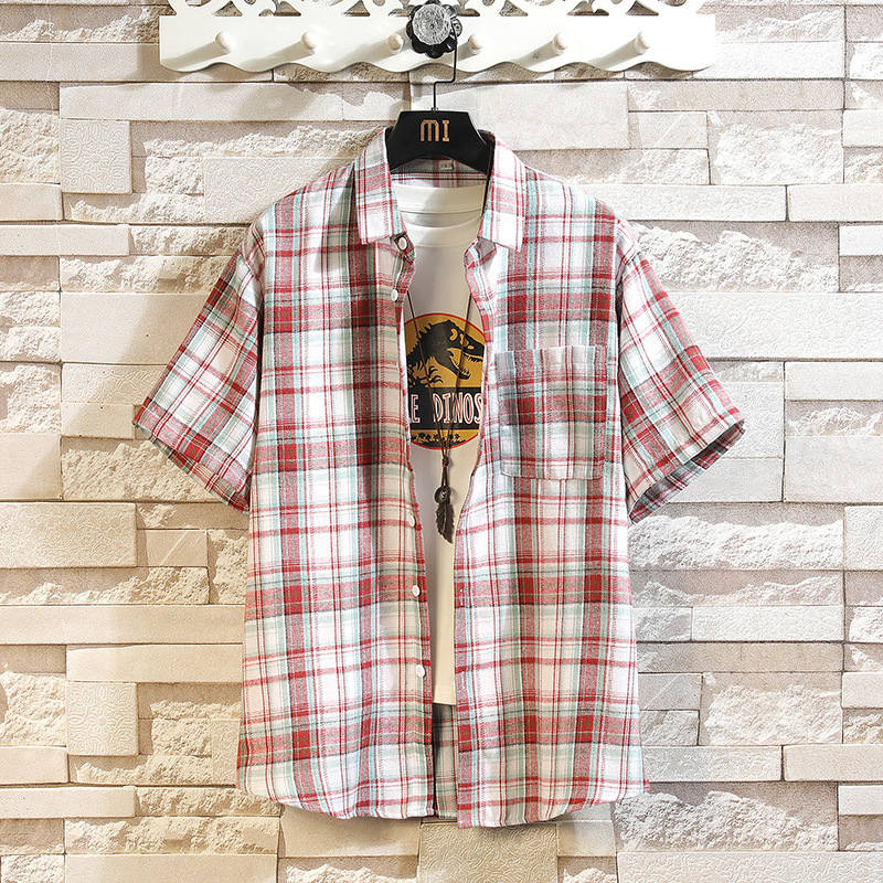 Cămașă cu mânecă scurtă pentru bărbați, vară 2025, comerț exterior nou, jachetă în carouri pentru bărbați, la modă, cu rever lejer, casual
