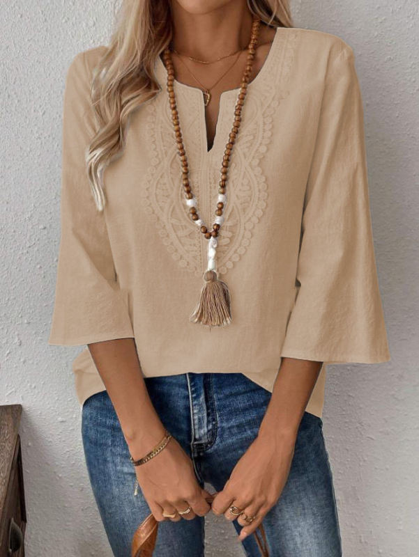 Γυναικείο φαρδύ μονόχρωμο πουκάμισο με V λαιμόκοψη και δαντέλα, Amazon European and American Foreign Trade 2024