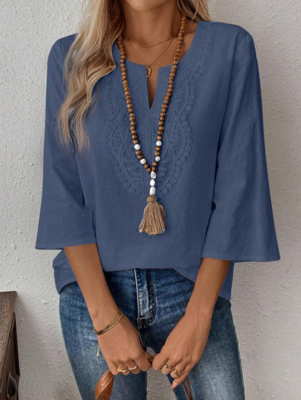 Γυναικείο φαρδύ μονόχρωμο πουκάμισο με V λαιμόκοψη και δαντέλα, Amazon European and American Foreign Trade 2024