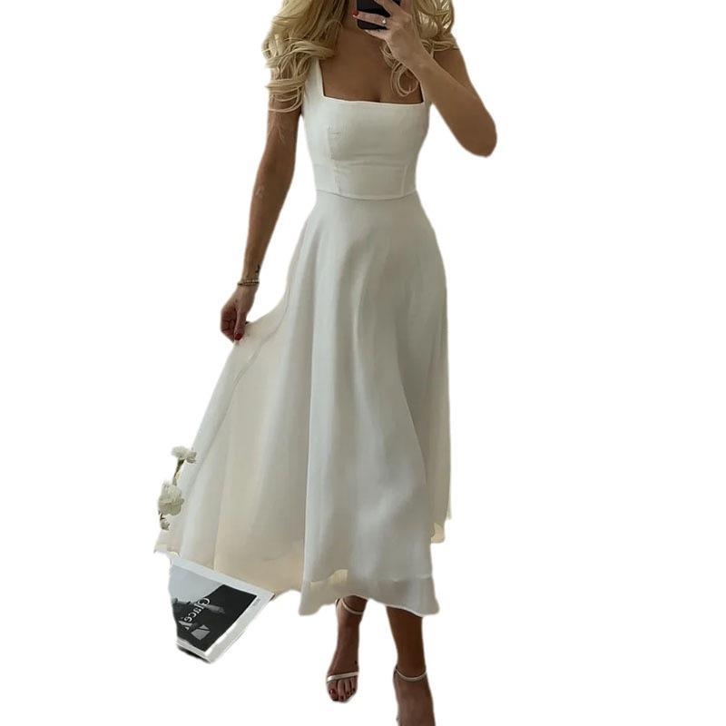 2023 εξωτερικό εμπόριο διασυνοριακό Ευρωπαϊκό και Αμερικανικό καλοκαίρι Amazon νέο τετράγωνο κολάρο λουράκι κομψό φόρεμα με στενή μέση κομψό φόρεμα