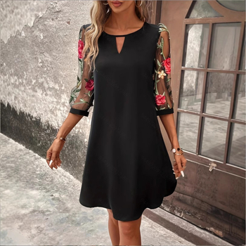 În stoc 2024 Rochie transfrontalieră europeană și americană de mărime mare pentru femei AliExpress la modă, cu guler rotund, imprimată din dantelă și mânecă cu șapte puncte