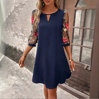 În stoc 2024 Rochie transfrontalieră europeană și americană de mărime mare pentru femei AliExpress la modă, cu guler rotund, imprimată din dantelă și mânecă cu șapte puncte