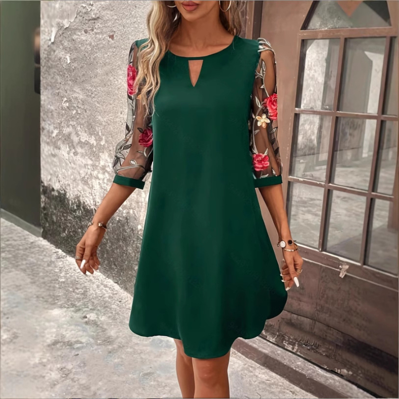 În stoc 2024 Rochie transfrontalieră europeană și americană de mărime mare pentru femei AliExpress la modă, cu guler rotund, imprimată din dantelă și mânecă cu șapte puncte