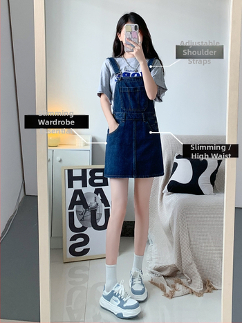 Sötétkék farmer pánt nélküli rövid ruha Női tavaszi vékony fazon 2024 Új érkezésű vékony fazonú, laza, karcsúsító, fiatalos, elegáns overall ruha