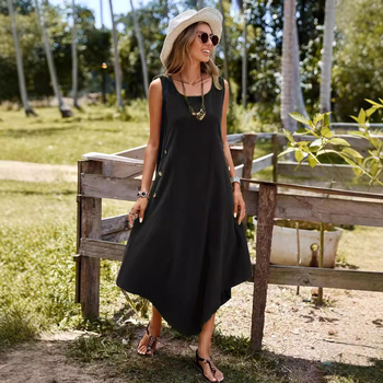 Amazon plus size női határokon átnyúló európai és amerikai új ruha Független Állomás Nyári pamut és lenvászon egyszínű szabadidős ruha