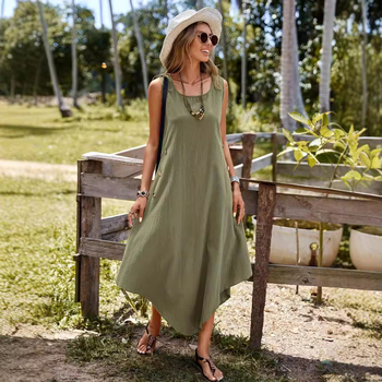 Amazon plus size női határokon átnyúló európai és amerikai új ruha Független Állomás Nyári pamut és lenvászon egyszínű szabadidős ruha