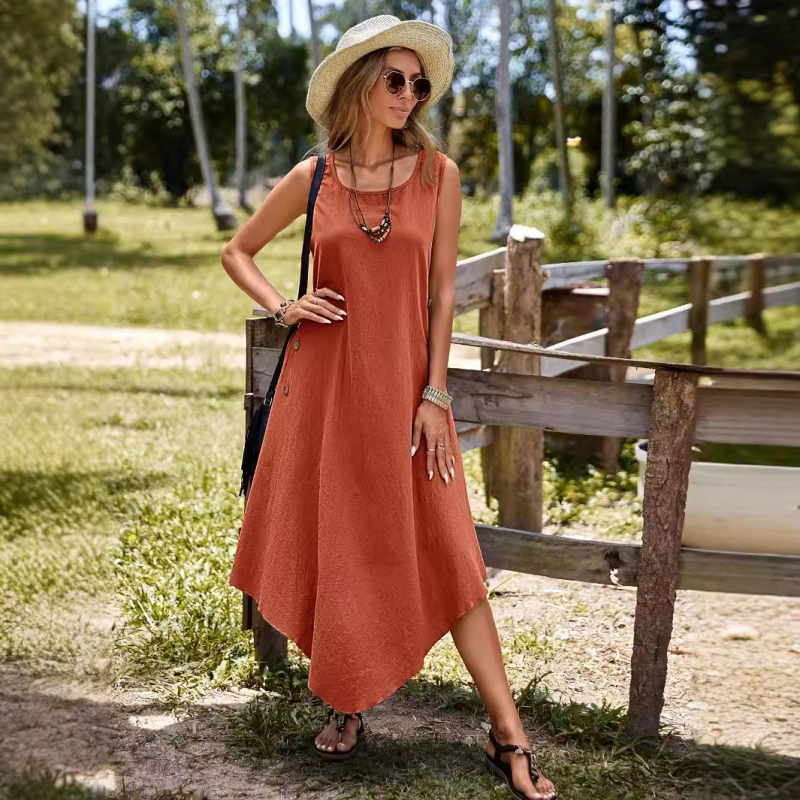 Amazon plus size női határokon átnyúló európai és amerikai új ruha Független Állomás Nyári pamut és lenvászon egyszínű szabadidős ruha