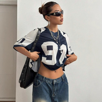 Határokon átnyúló Aliexpress amerikai szexi sportstílusú mintás kontrasztos hálós rövid ujjú póló, Jersey Y2K laza felső