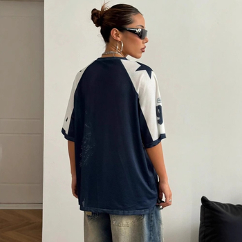 Határokon átnyúló Aliexpress amerikai szexi sportstílusú mintás kontrasztos hálós rövid ujjú póló, Jersey Y2K laza felső