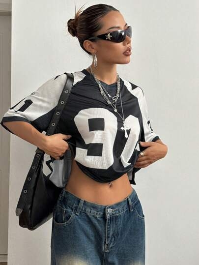 Határokon átnyúló Aliexpress amerikai szexi sportstílusú mintás kontrasztos hálós rövid ujjú póló, Jersey Y2K laza felső