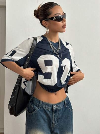 Határokon átnyúló Aliexpress amerikai szexi sportstílusú mintás kontrasztos hálós rövid ujjú póló, Jersey Y2K laza felső