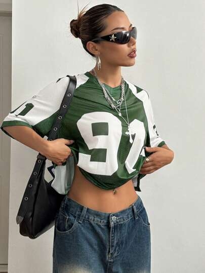 Határokon átnyúló Aliexpress amerikai szexi sportstílusú mintás kontrasztos hálós rövid ujjú póló, Jersey Y2K laza felső