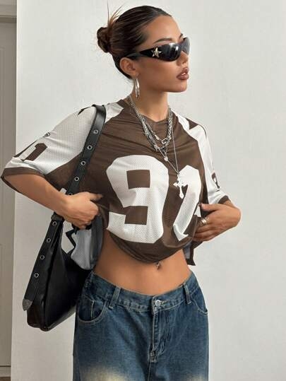 Határokon átnyúló Aliexpress amerikai szexi sportstílusú mintás kontrasztos hálós rövid ujjú póló, Jersey Y2K laza felső