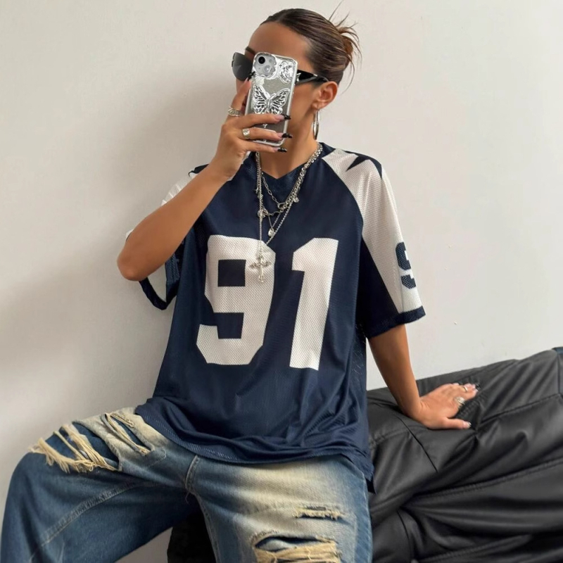 Határokon átnyúló Aliexpress amerikai szexi sportstílusú mintás kontrasztos hálós rövid ujjú póló, Jersey Y2K laza felső