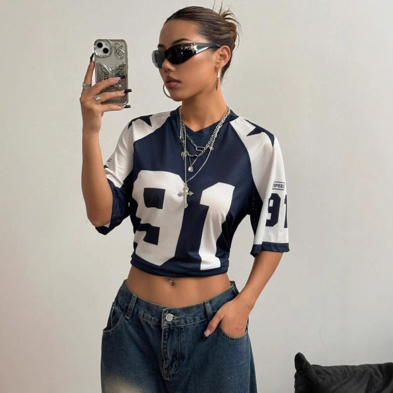 Határokon átnyúló Aliexpress amerikai szexi sportstílusú mintás kontrasztos hálós rövid ujjú póló, Jersey Y2K laza felső