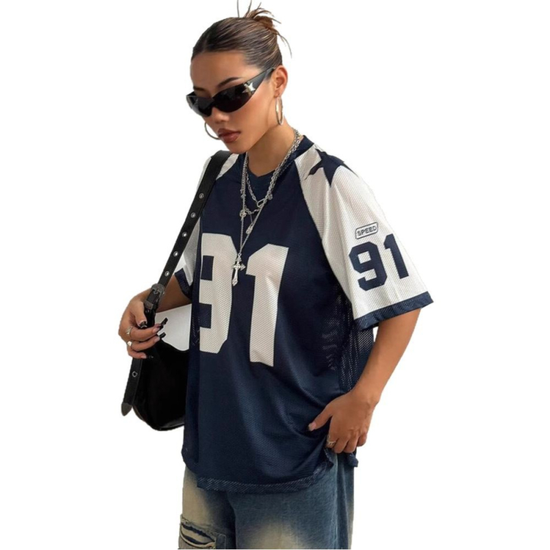 Határokon átnyúló Aliexpress amerikai szexi sportstílusú mintás kontrasztos hálós rövid ujjú póló, Jersey Y2K laza felső