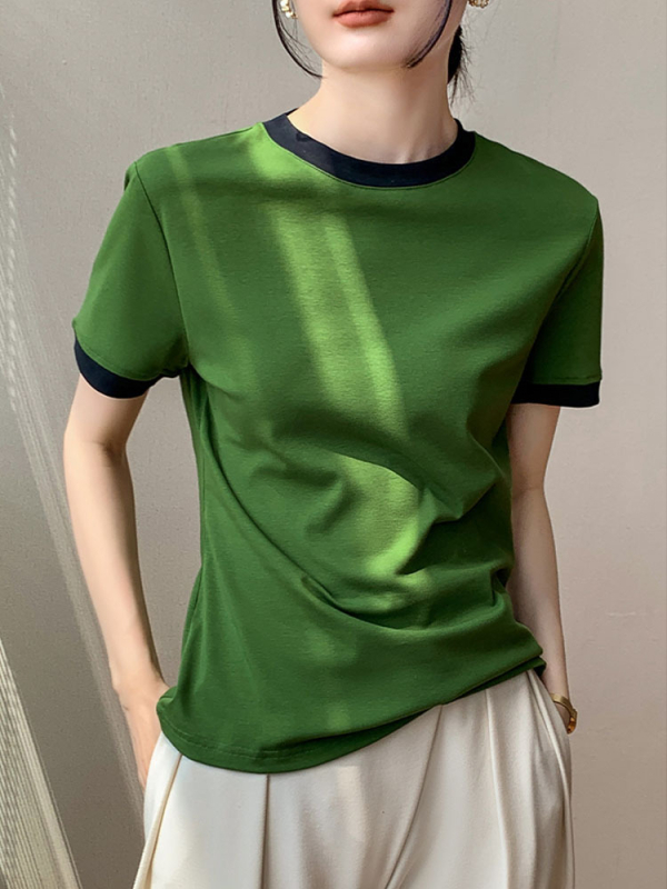 Divatos, kontrasztos színű, kerek nyakú, vékony, jobb vállú, tiszta pamut, rövid ujjú, női póló, karcsú, félujjú felső, 2025-ös nyár, új stílus