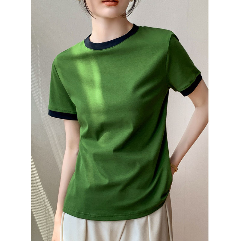 Divatos, kontrasztos színű, kerek nyakú, vékony, jobb vállú, tiszta pamut, rövid ujjú, női póló, karcsú, félujjú felső, 2025-ös nyár, új stílus