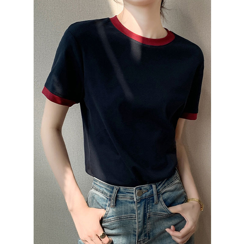 Divatos, kontrasztos színű, kerek nyakú, vékony, jobb vállú, tiszta pamut, rövid ujjú, női póló, karcsú, félujjú felső, 2025-ös nyár, új stílus