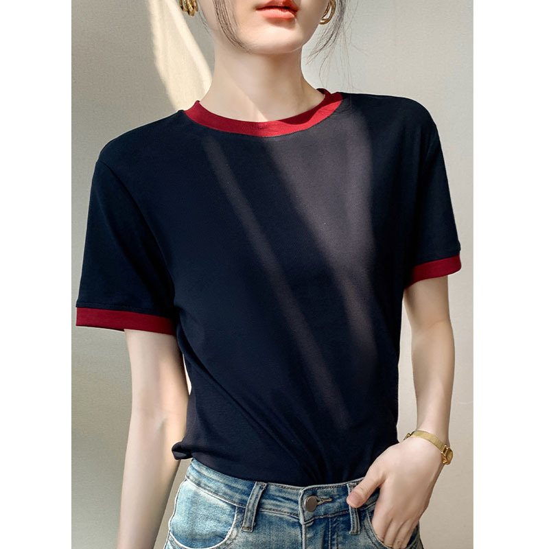 Divatos, kontrasztos színű, kerek nyakú, vékony, jobb vállú, tiszta pamut, rövid ujjú, női póló, karcsú, félujjú felső, 2025-ös nyár, új stílus