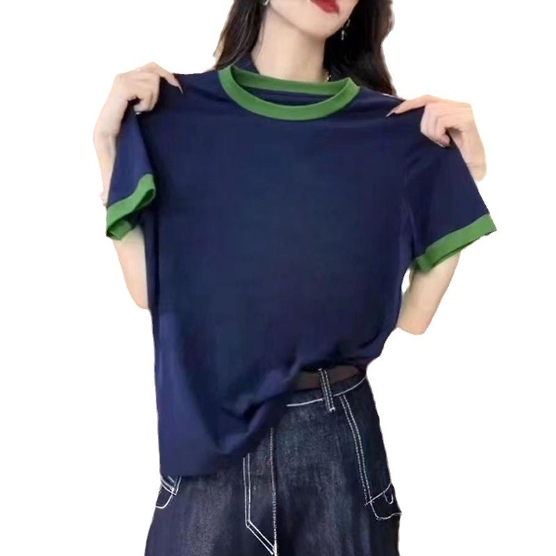 Divatos, kontrasztos színű, kerek nyakú, vékony, jobb vállú, tiszta pamut, rövid ujjú, női póló, karcsú, félujjú felső, 2025-ös nyár, új stílus