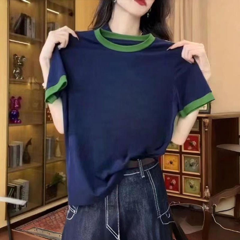 Divatos, kontrasztos színű, kerek nyakú, vékony, jobb vállú, tiszta pamut, rövid ujjú, női póló, karcsú, félujjú felső, 2025-ös nyár, új stílus