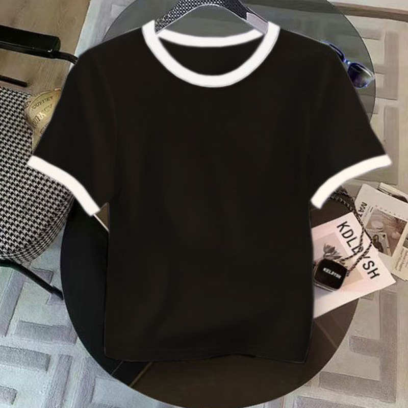 Divatos, kontrasztos színű, kerek nyakú, vékony, jobb vállú, tiszta pamut, rövid ujjú, női póló, karcsú, félujjú felső, 2025-ös nyár, új stílus