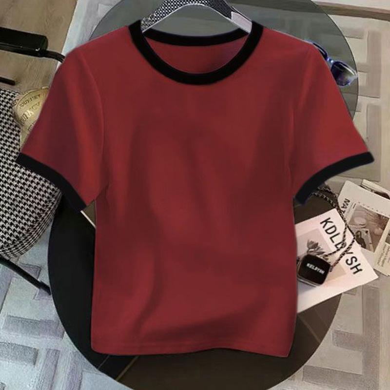 Divatos, kontrasztos színű, kerek nyakú, vékony, jobb vállú, tiszta pamut, rövid ujjú, női póló, karcsú, félujjú felső, 2025-ös nyár, új stílus