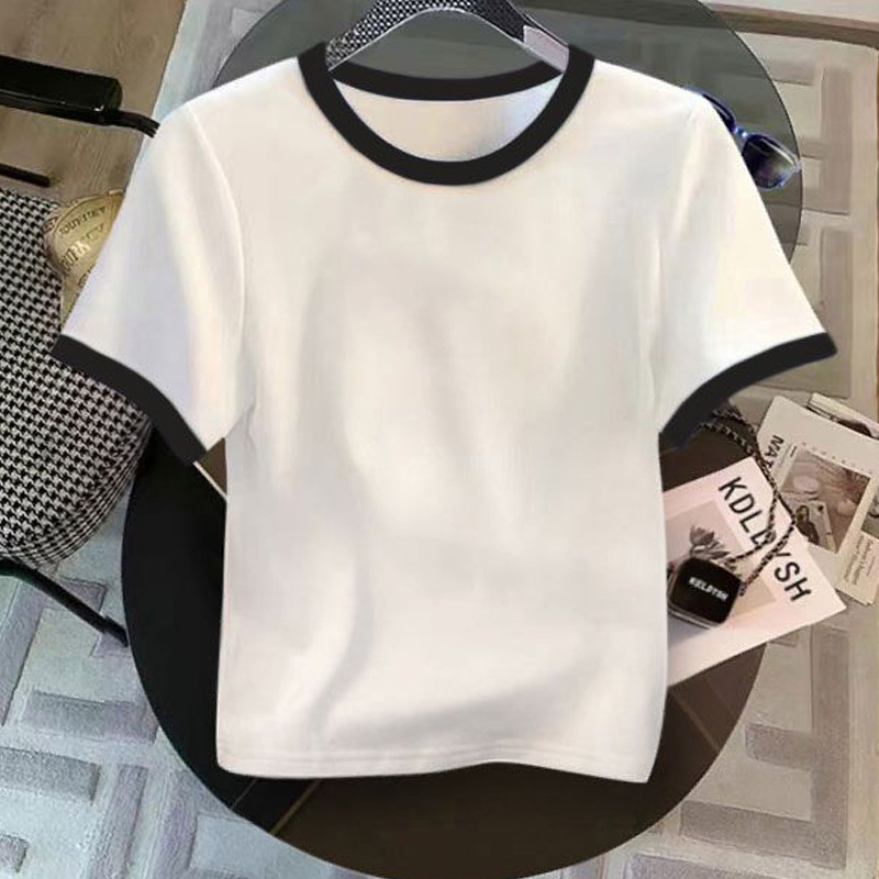 Divatos, kontrasztos színű, kerek nyakú, vékony, jobb vállú, tiszta pamut, rövid ujjú, női póló, karcsú, félujjú felső, 2025-ös nyár, új stílus