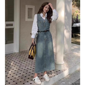 [öv] vintage divatos farmer mellényszoknya női 2025 tavaszi új koreai fehér ing kétrészes szett