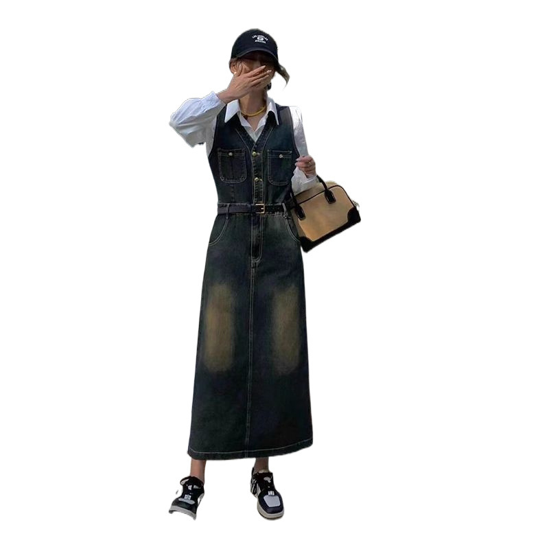 [öv] vintage divatos farmer mellényszoknya női 2025 tavaszi új koreai fehér ing kétrészes szett