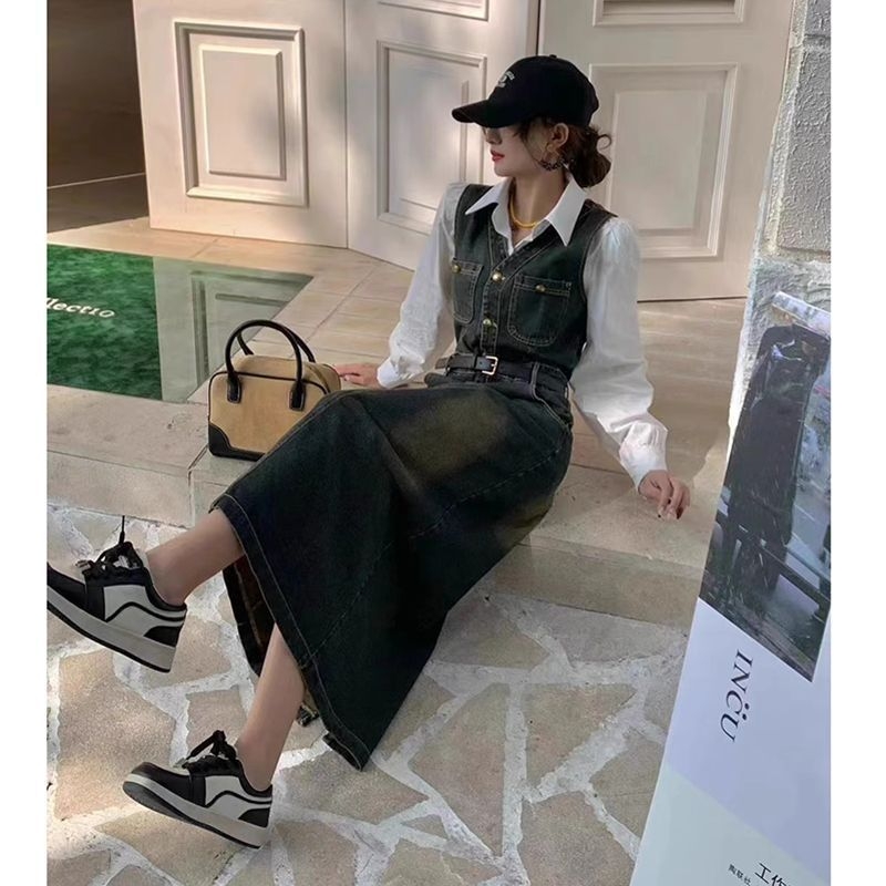 [öv] vintage divatos farmer mellényszoknya női 2025 tavaszi új koreai fehér ing kétrészes szett